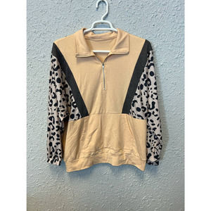 Women's Leopard Tan Black 1/4 Zip Sweatshirt Jacket Pullover Size X-LARGE